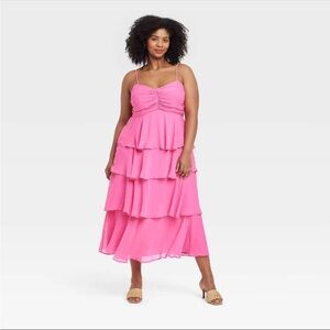 a new day Vibrant Pink Tiered Midi Dress